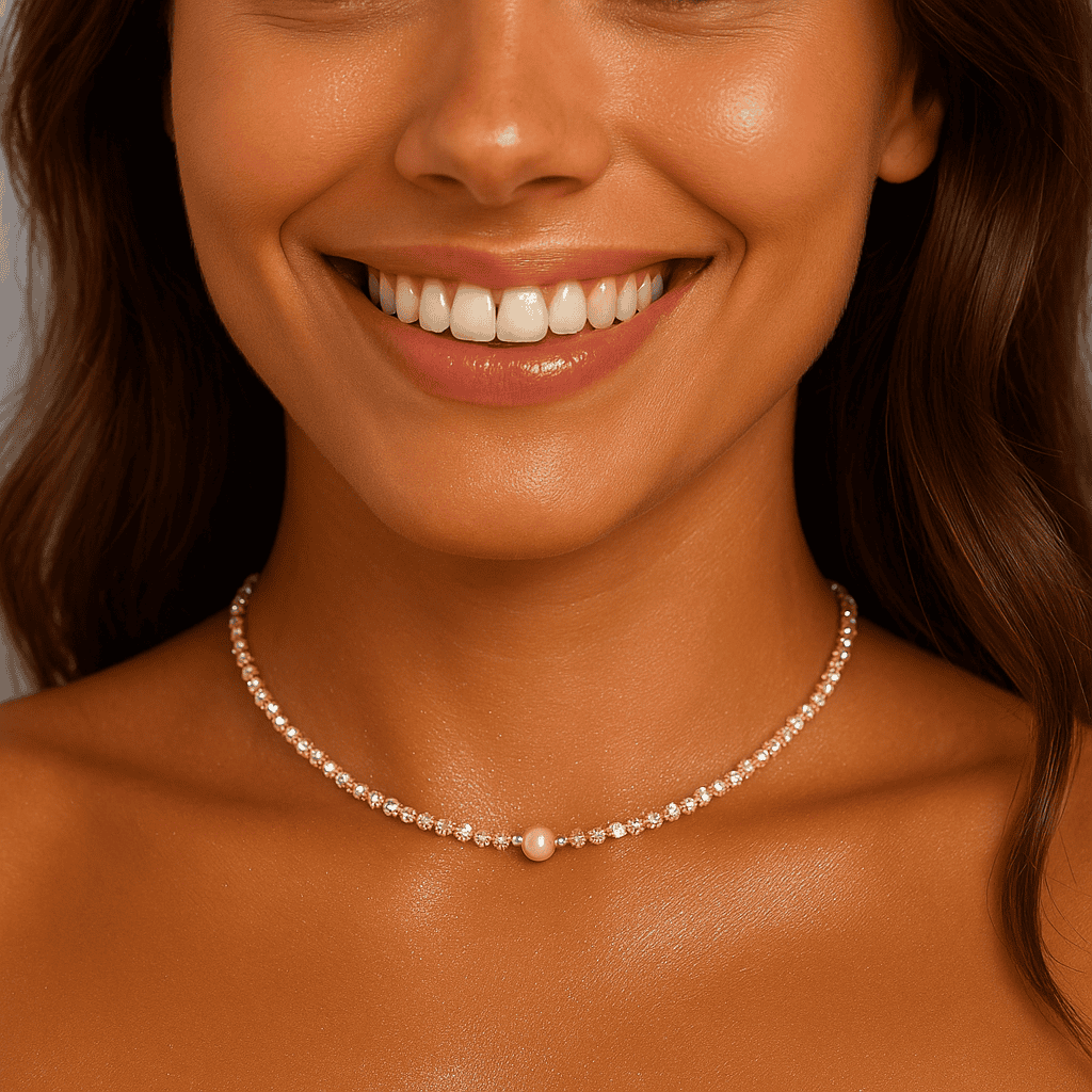 Colier handmade zirconiu nude-champagne și perlă somon