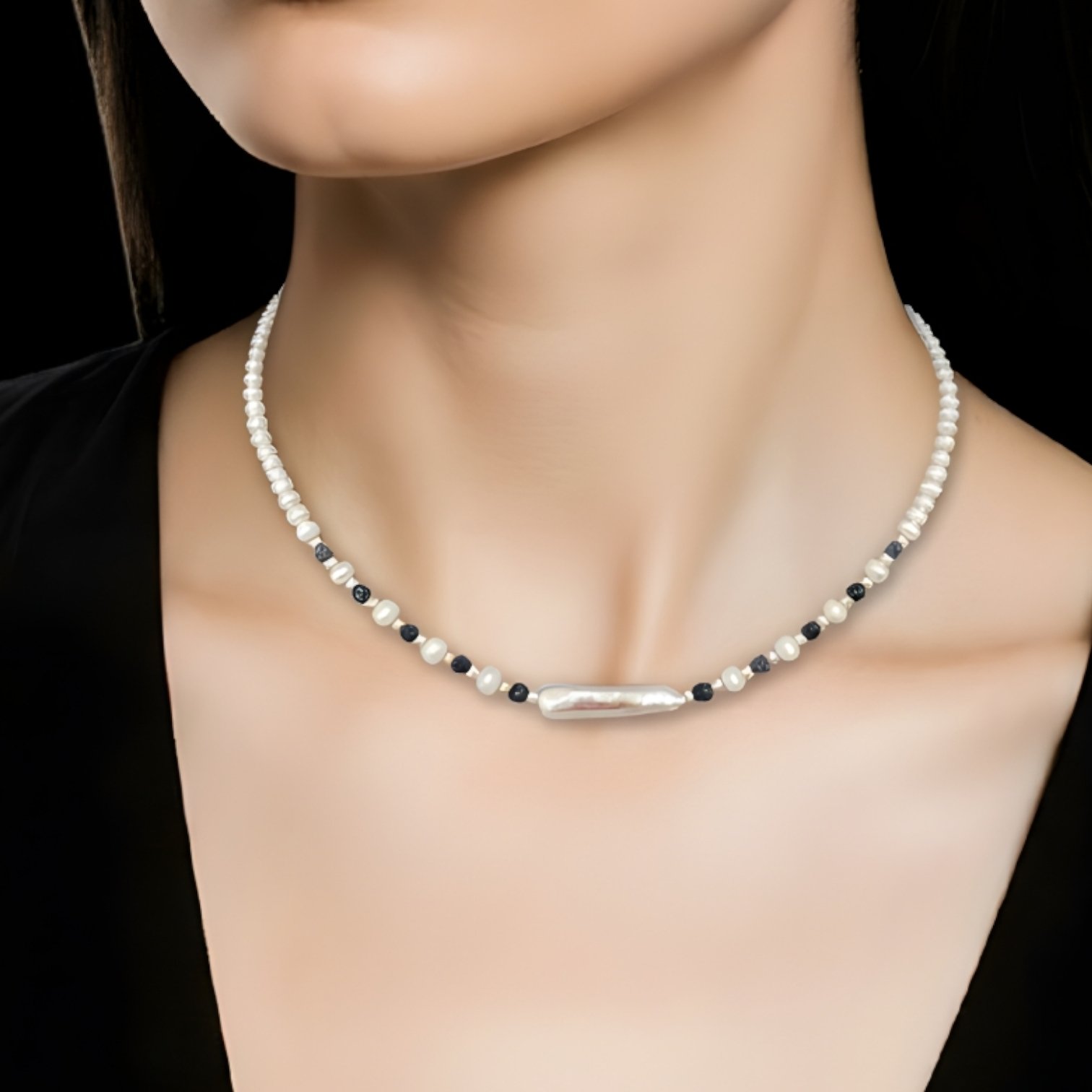 Colier perle naturale safir fațetat cu argint handmade