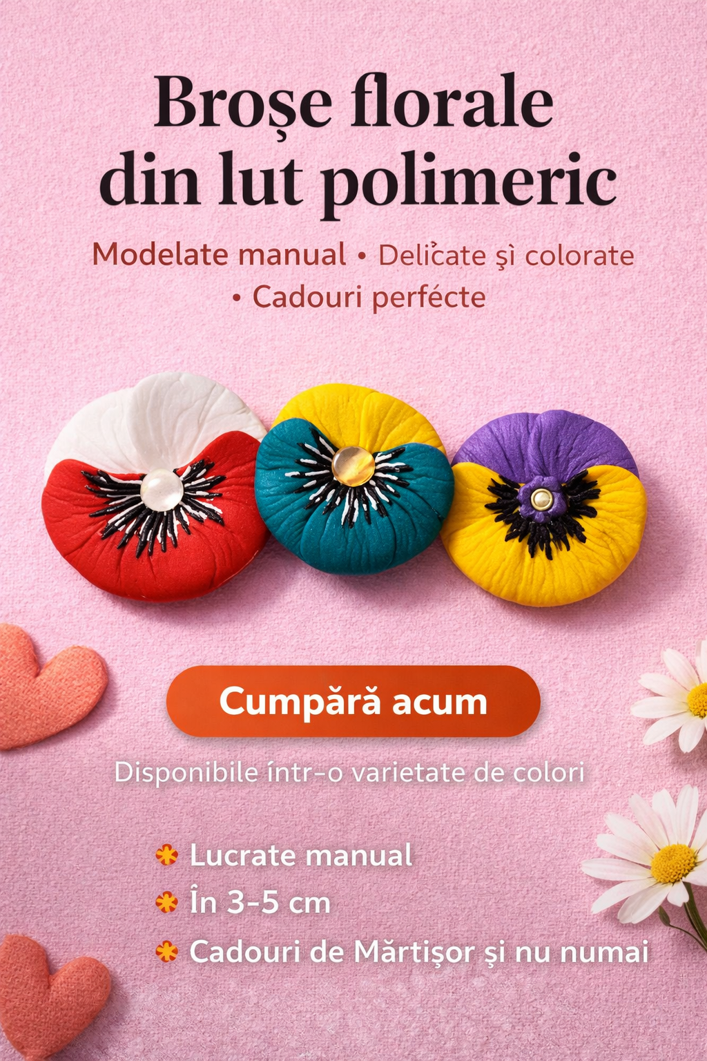 Broșe florale handmade din lut polimeric - cadou de mărțișor
