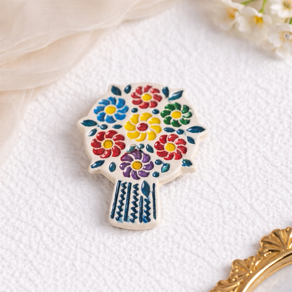 Broșă Ceramică Pictată Manual – Buchet de Flori Colorate | Pin Rever Elegant | Handmade