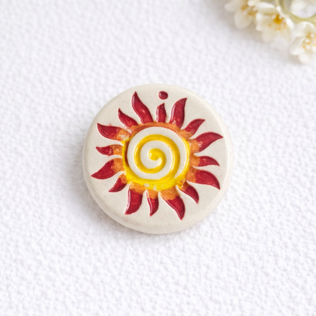 Broșă Ceramică Soare Pictată Manual – Broșă pe Ac | 3 cm | Handmade – imagine 2