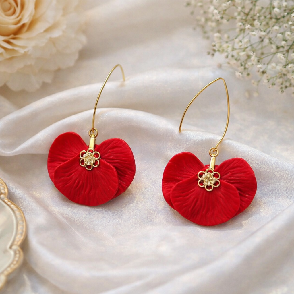 cercei rosii handmade petale de flori cu tortite din otel inoxidabil