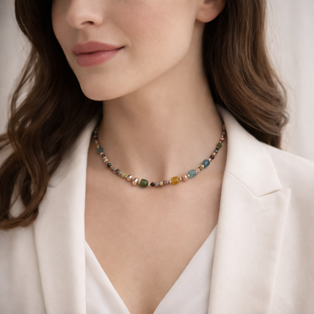 colier turmaline multicolor cu perle ivoire