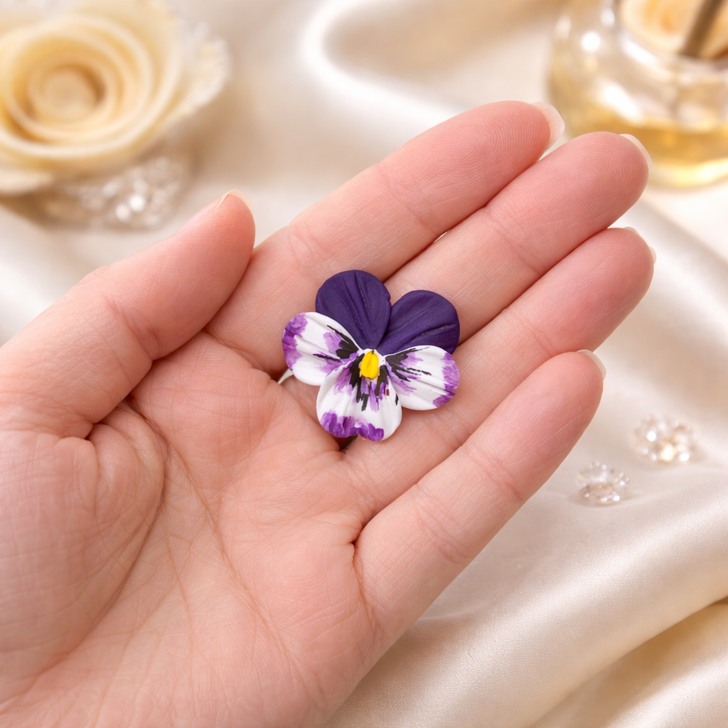 Broșă panseluță handmade violet și alb modelată manual din lut polimeric