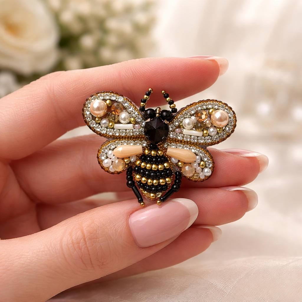 Broșă albină cusută manual din mărgele, perle și cristale – accesoriu handmade 5 cm
