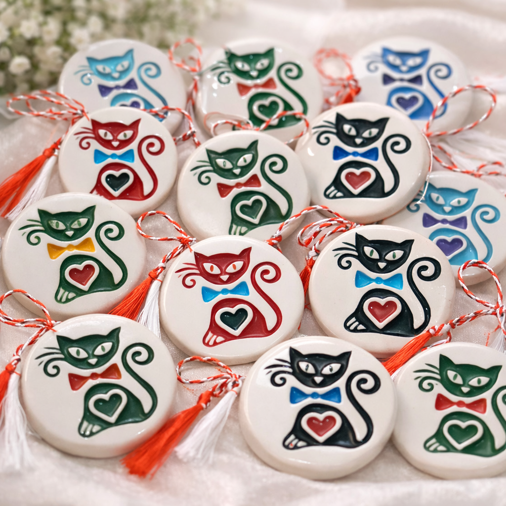Broșă pisică ceramică glazurată pictată manual handmade