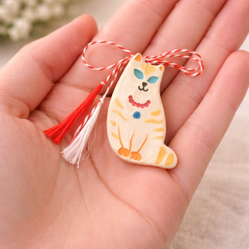 Broșă pisică ceramică glazurată pictată manual, accesoriu handmade 4x2 cm
