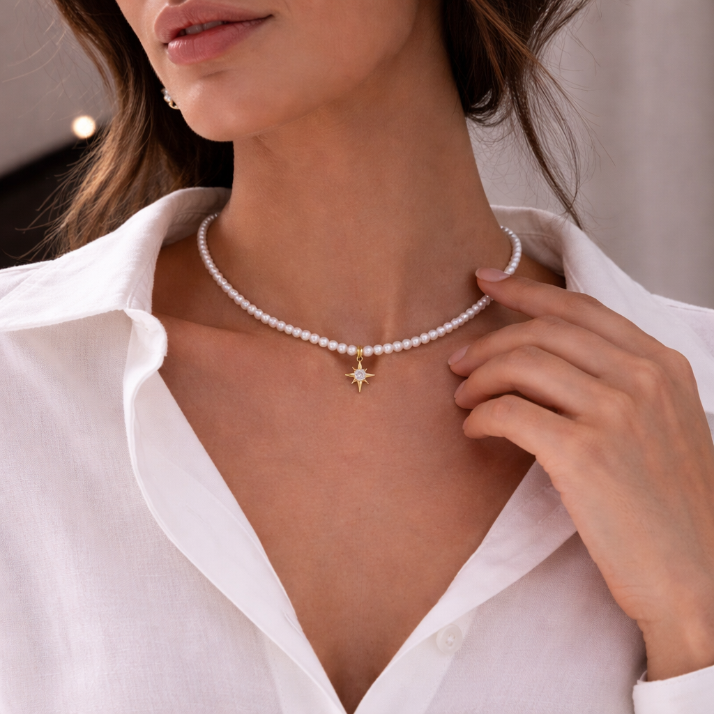 colier perle naturale choker Stella Pearl cu stea aurie 3mm