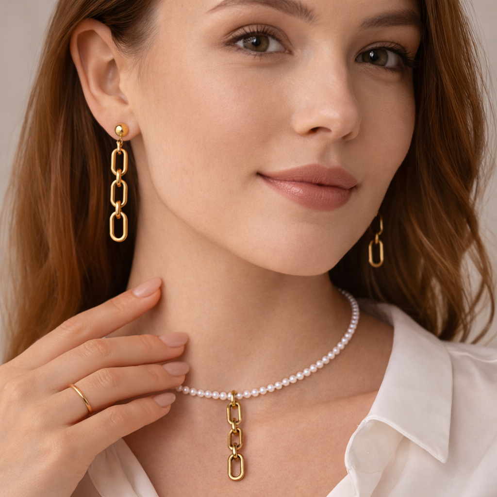 Colier perle 6A Kelly Set – colier cu perle naturale și cercei pe șurub din oțel inoxidabil auriu