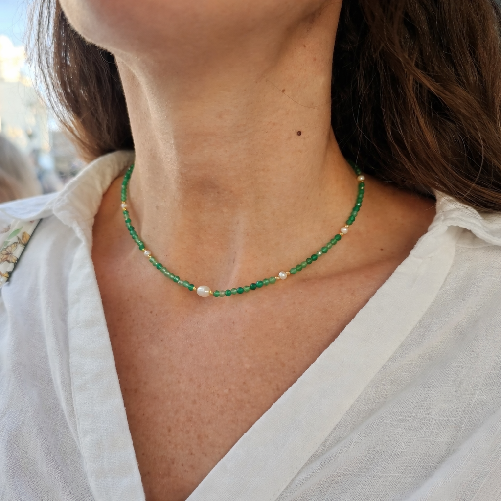 Colier pietre semiprețioase verzi și perle naturale Kelly Green handmade