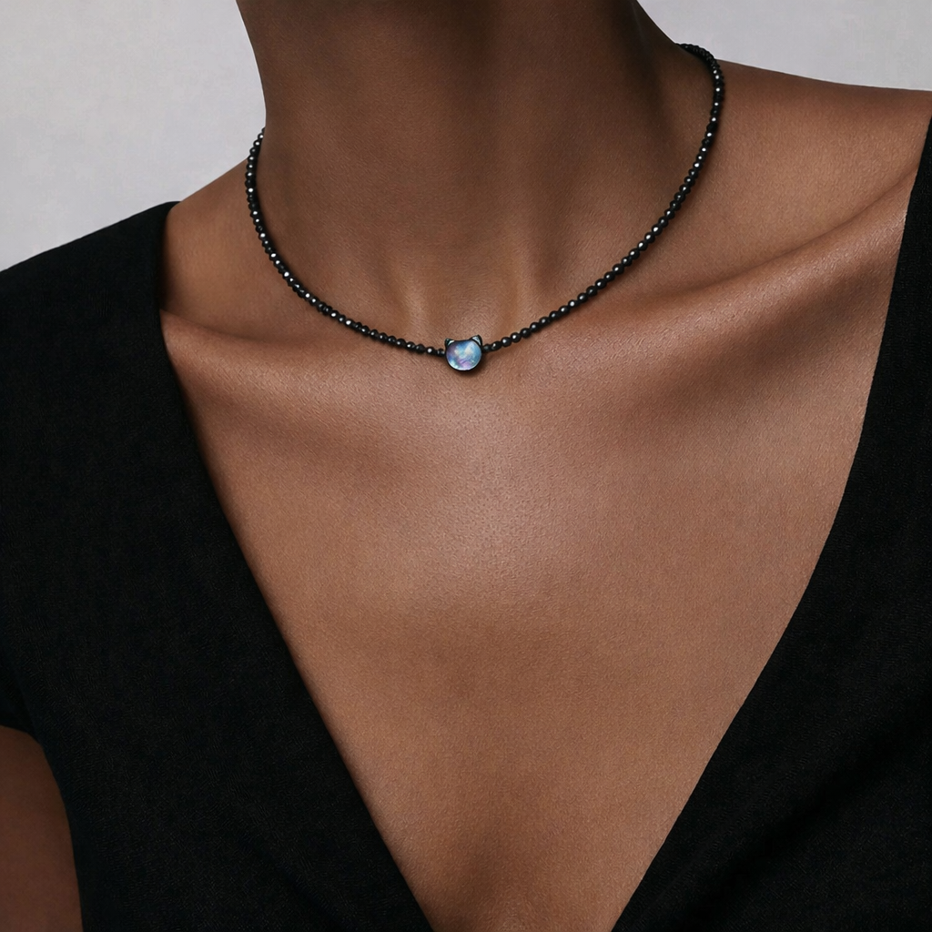 Colier choker terahertz cu pisicuță din acril și închidere din argint – Cat Charm