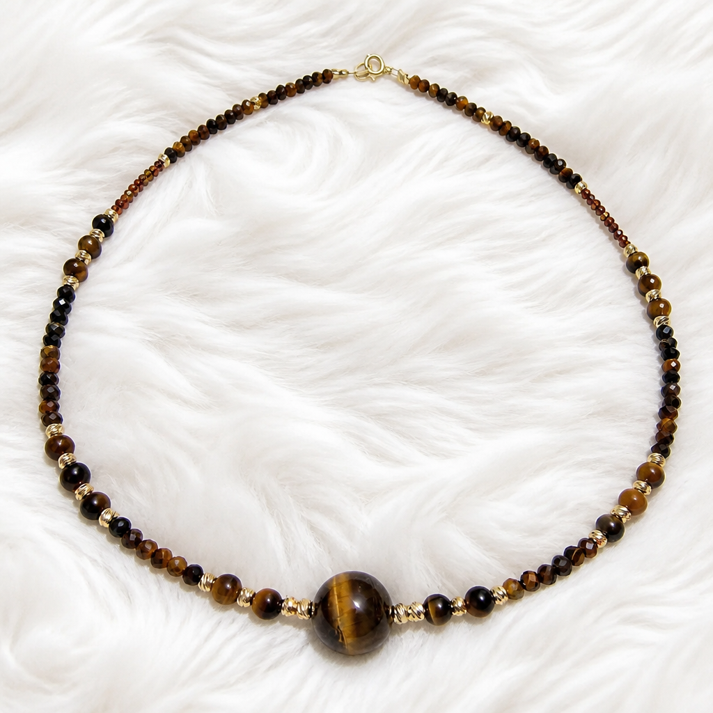 Colier ochi de tigru argint aurit – Instinct Auriu