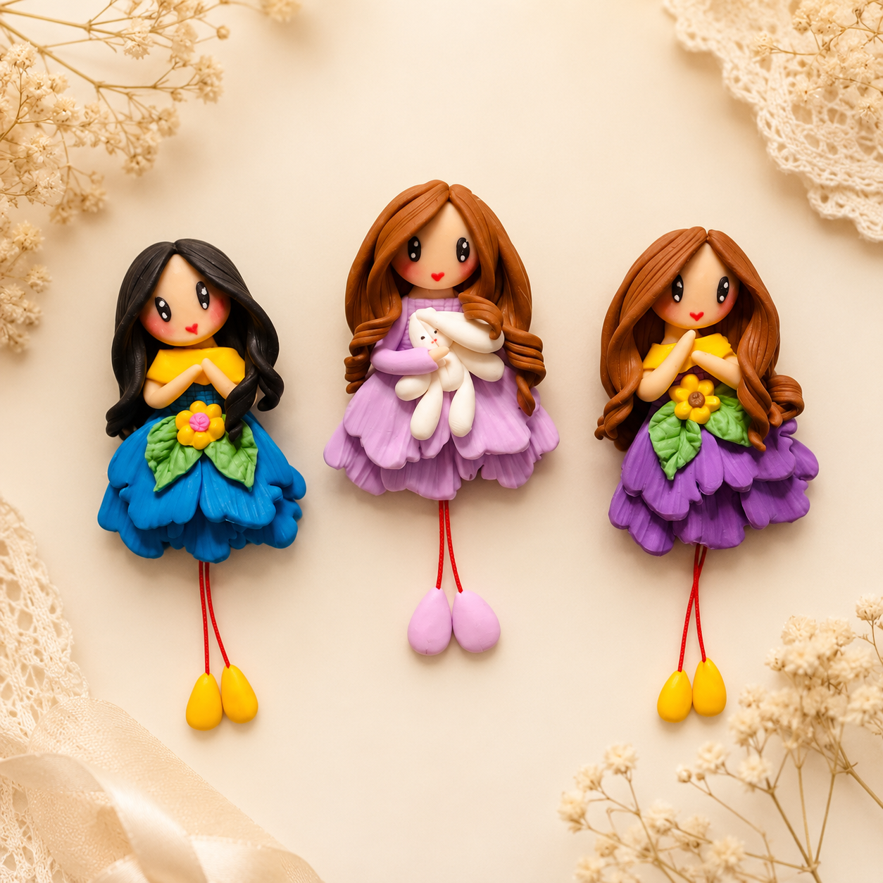 Broșe din lut polimeric Doll Bloom modelate manual
