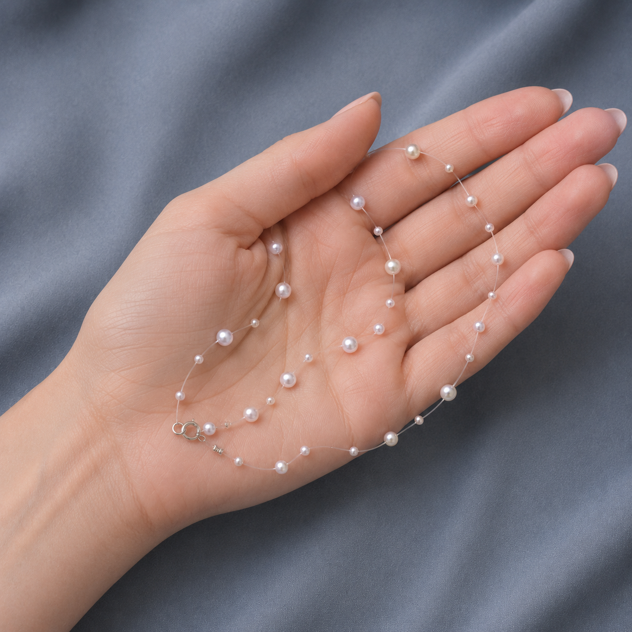 Colier cu perle de cultură pe fir transparent – vedere de aproape