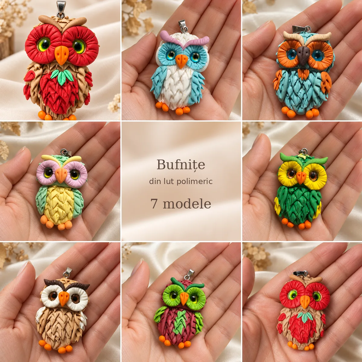 Pandantive bufniță din lut polimeric – 7 modele colorate handmade